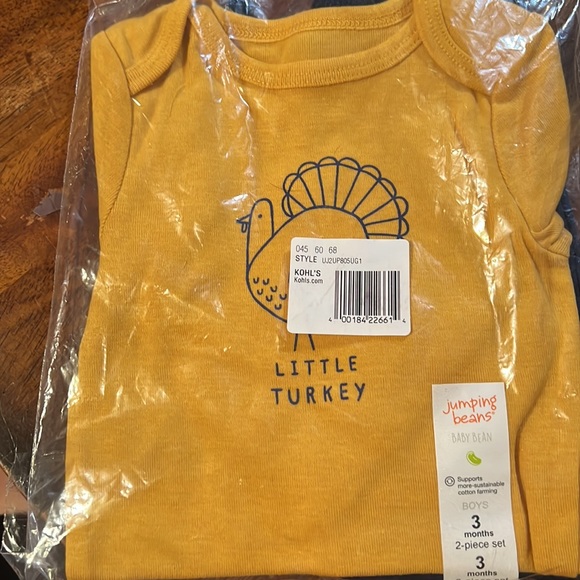 Jumping Beans "Little Turkey" Bodysuit, Joggers size 3mo, yellow top, navy pants - Picture 2 of 3